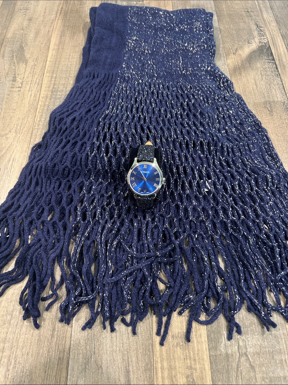 Strada Navy Blue Sparkle Knit Watch with Fringe Scarf